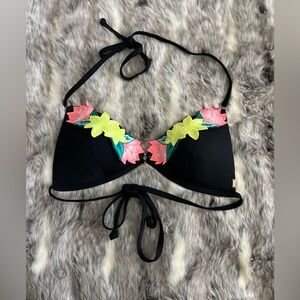PINK Victorias Secret black floral bikini top size large